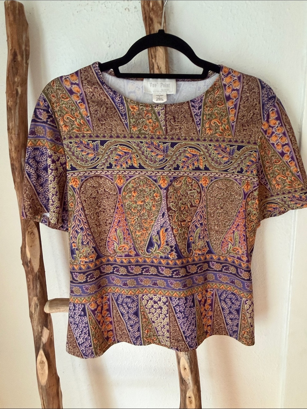 Vintage Vue Point Purple Orange Green Paisley Short Sleeve Stretch Top Large